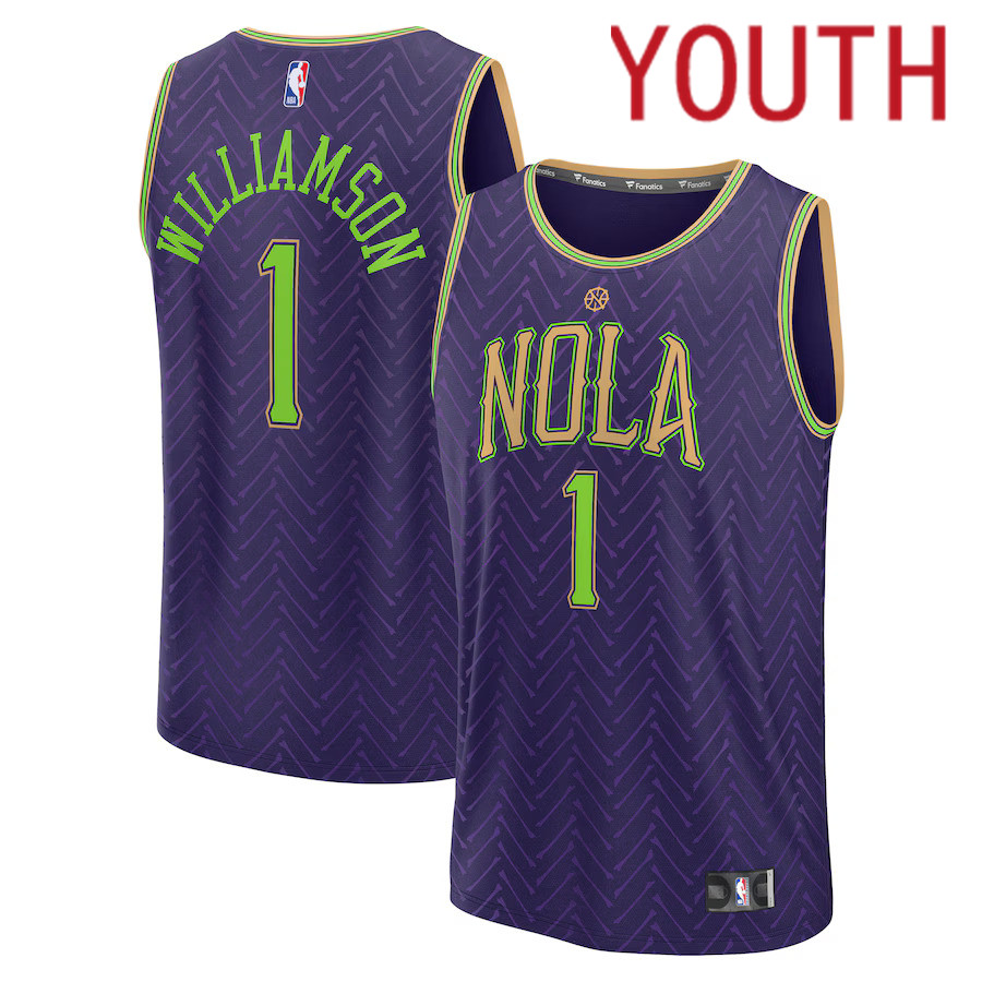 Youth New Orleans Pelicans #1 Zion Williamson Fanatics Purple City Edition 2024-25 Fast Break Player NBA Jersey